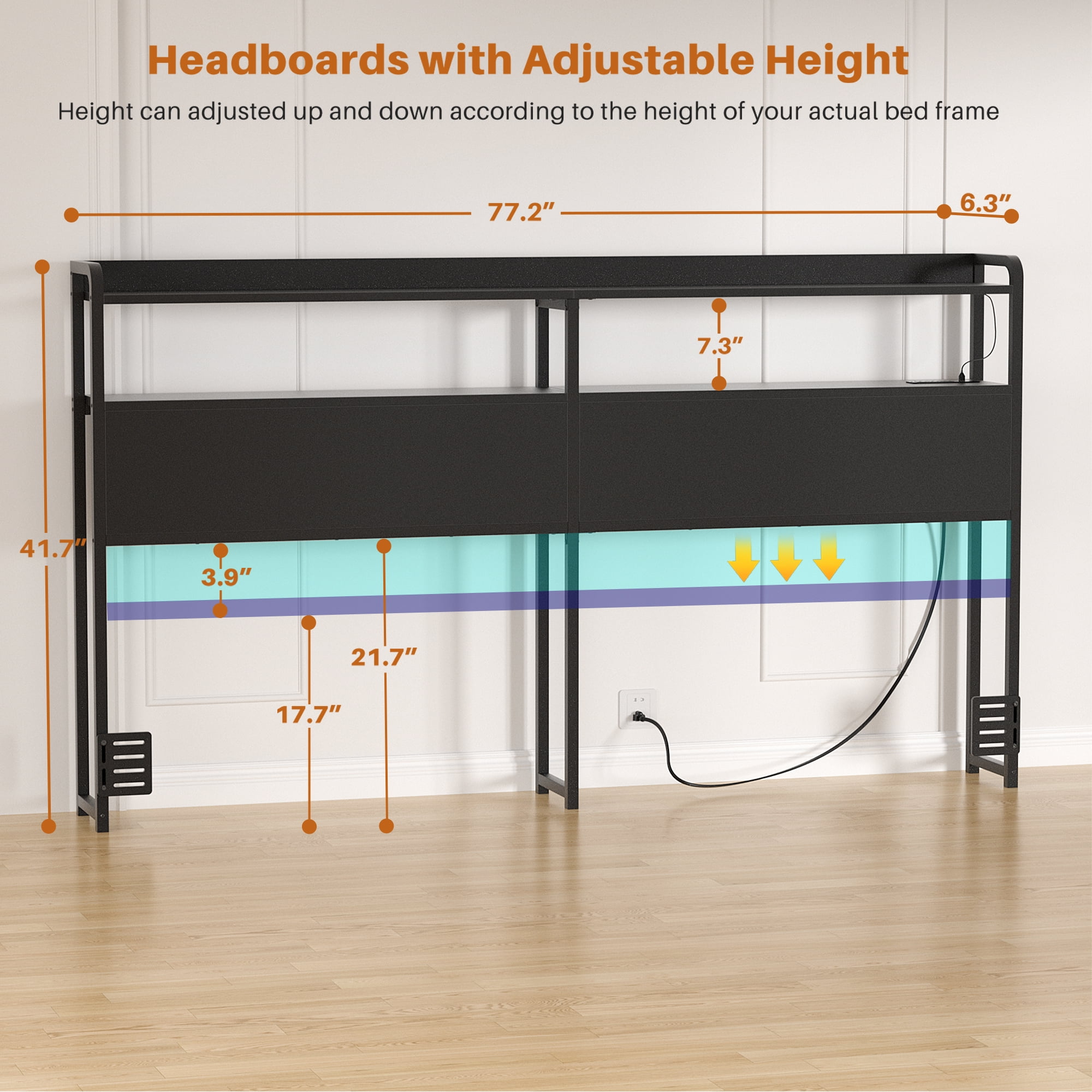 iSunrim Headboard for King Size Bed Frame, Headboard with Charging Station, USB Ports and LED Light, Headboard with Storage, Height Adjustable, King Size, Black
