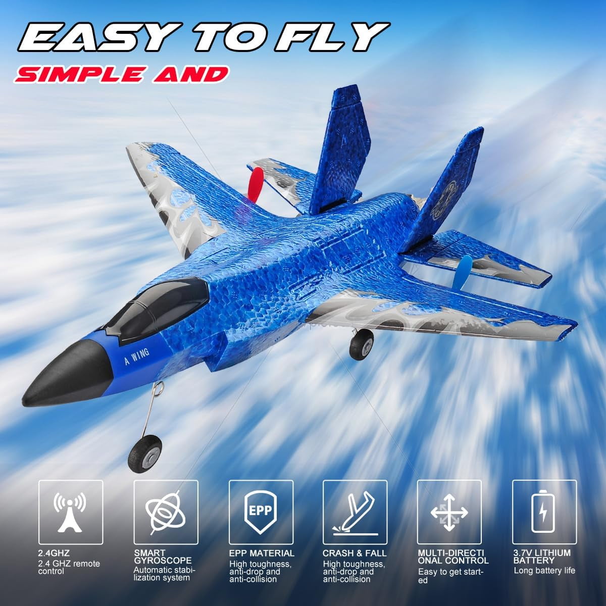 Hinzonek RC Plane, F-35 Rc Airplane Fighter Ready to Fly with Remote Control and 2 Batteries, 2.4Ghz Jet Fighter Toy Gift for Boys Girls Kids Adults Beginners, Blue