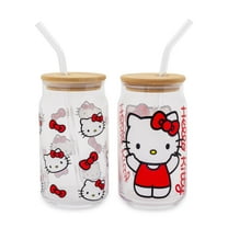 Sanrio Hello Kitty 16-Ounce Glass Tumblers With Bamboo Lid and Straw | Set of 2