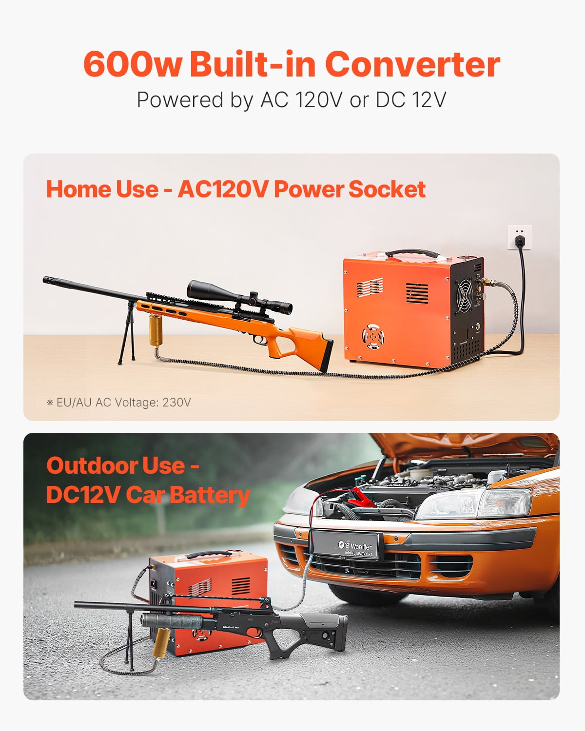 KFFKFF Portable PCP Air Compressor, 4500PSI/30Mpa with Integrated Converter & Cooling Fan, Auto Shut-Off, DC12V/AC120V for Airguns, Paintball Tanks, and Diving Cylinders