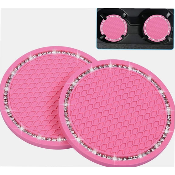 Bling Car Coasters, 2 Pack PVC Car Cup Holder Auto Insert Coaster - Anti Slip Universal Vehicle Interior Girly Car Accessories Sparkly Crystal Cup Mats for Girls, Women(2.75" Diameter) Pink