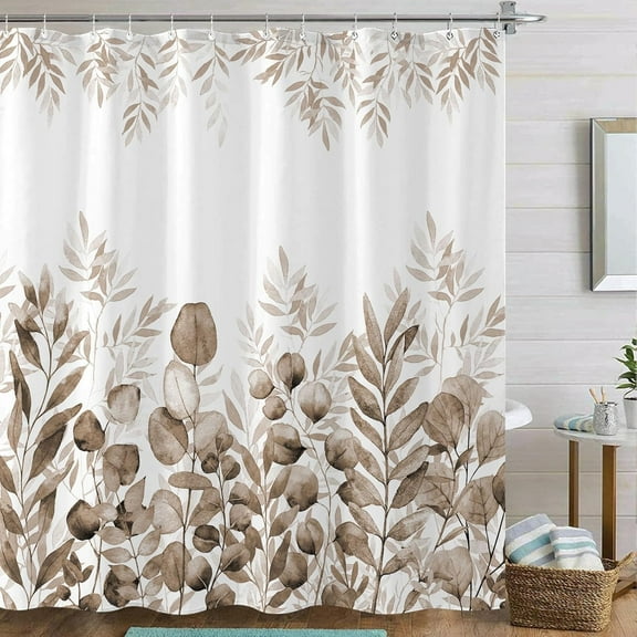 Brown Eucalyptus Shower Curtain Watercolor Plant Leaves Shower Curtains for Bathroom Waterproof Fabric Botanical Leaf Bath Curtain Decor with Hooks 36"W x 72"L (Pack of 1)
