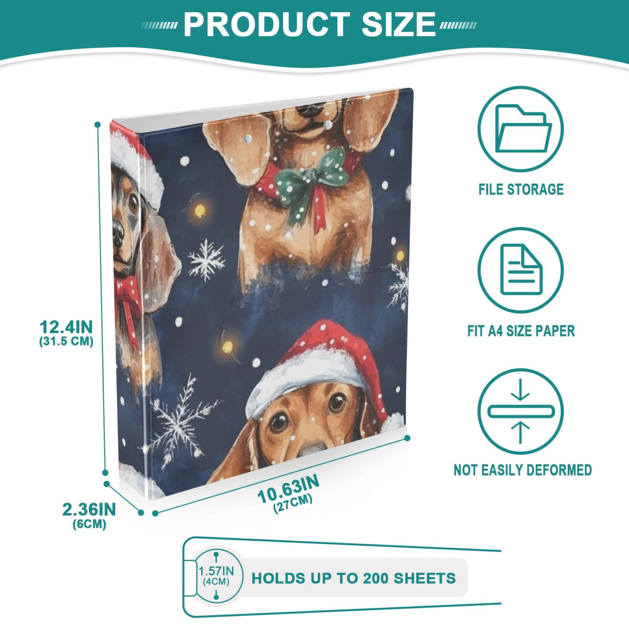 Christmas Dogs and Snowflakes 3 Ring Binders 1.5 inch Hardcover File Folders with Interior Pockets A4 Size Organizer for School Office Hospital