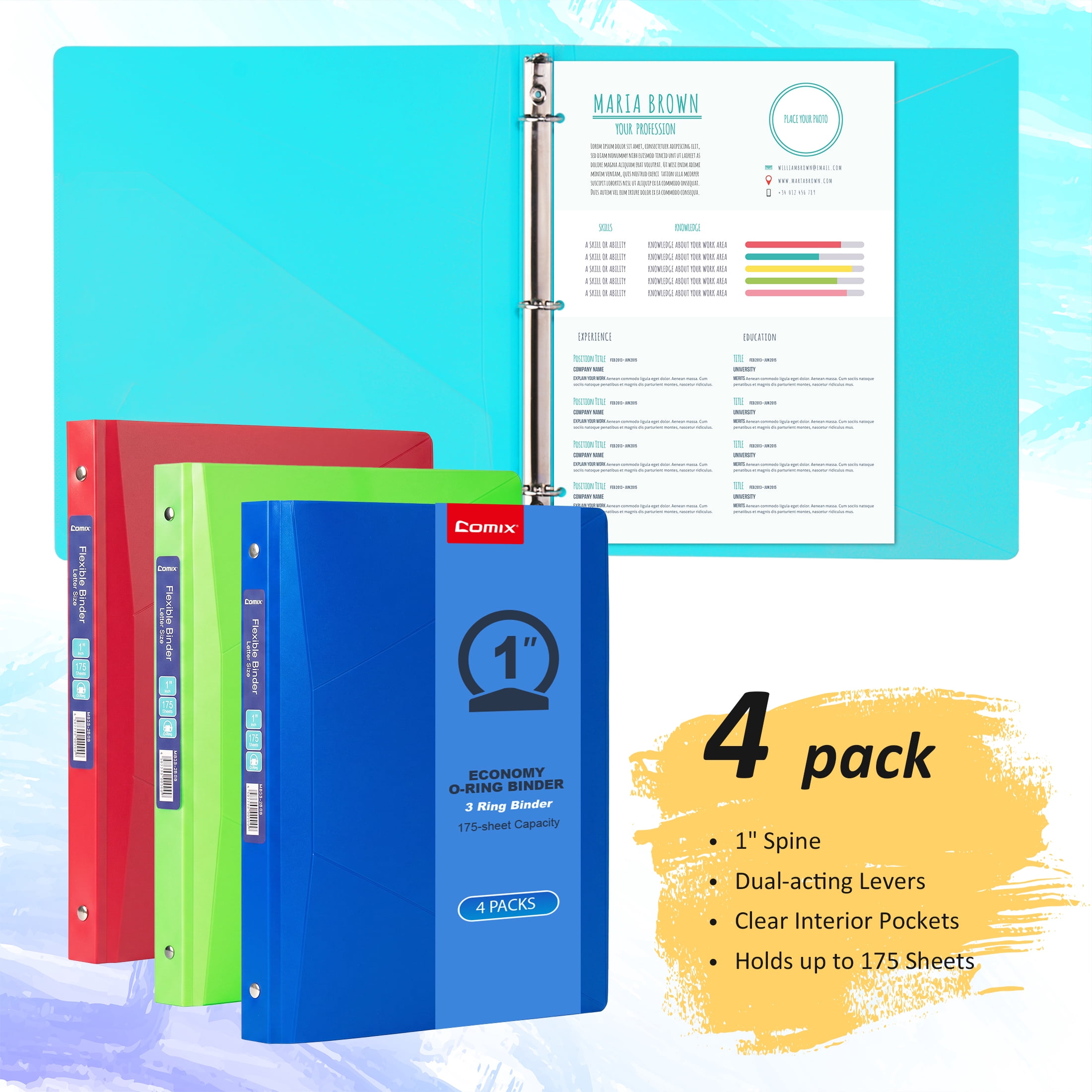 Comix 3 Rings Binder 1 inch Round Ring, 175 Sheets Organizer with Pockets, 4-Pack Assorted Color School Supplies