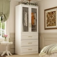 thumbnail image 5 of OXYLIFE Wardrobe Armoire Closet with Glass Doors, 3 Drawers and Hanging Rod, White, 5 of 7