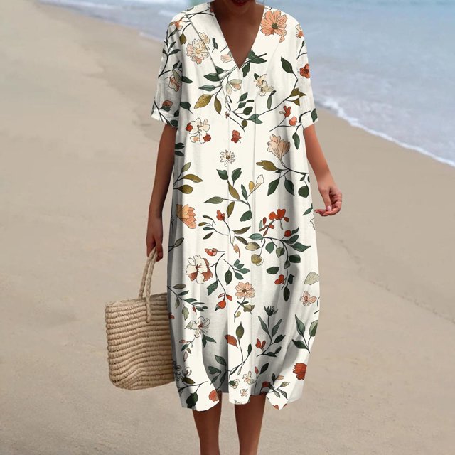 Ovzne Robes pour Femmes Robe d'Été pour Femmes avec Poches Imprimées Robes Amples à Col en V Manches Courtes Robes pour Femmes Manches Courtes Imprimées Liquidation