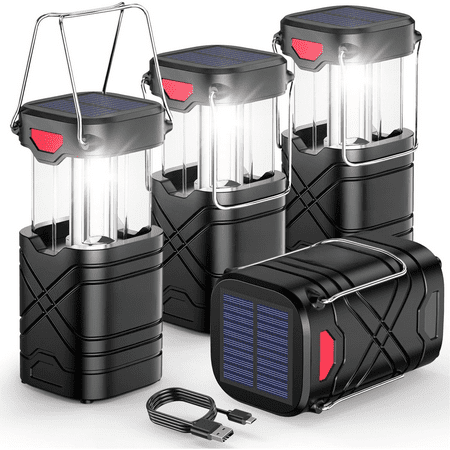 4 Pack Camping Lantern Rechargeable LED Lanterns Solar Lantern Battery Powered Hurricane Lanterns Flashlight with 3 Powered Ways & USB Cable for Emergency Power Outage Hurricane Supplies