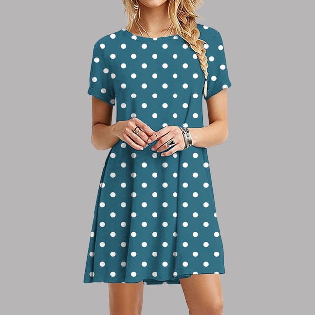 Liquidation Aujourd'hui Iumwxz Robes à Col Rond à Manches Courtes pour Femmes Tendance Ligne A Décontractée Plissée Robe Courte Robe à Pois Robe d'Invitée de Mariage Robes Habillées pour le Bureau