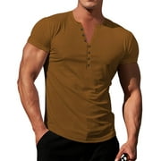 LowProfile Mens Short Sleeve T Shirt Knit Stretch Henley Shirt Workout Slim Fit Tees Athletic Muscle Casual T-Shirt Tops Brown S