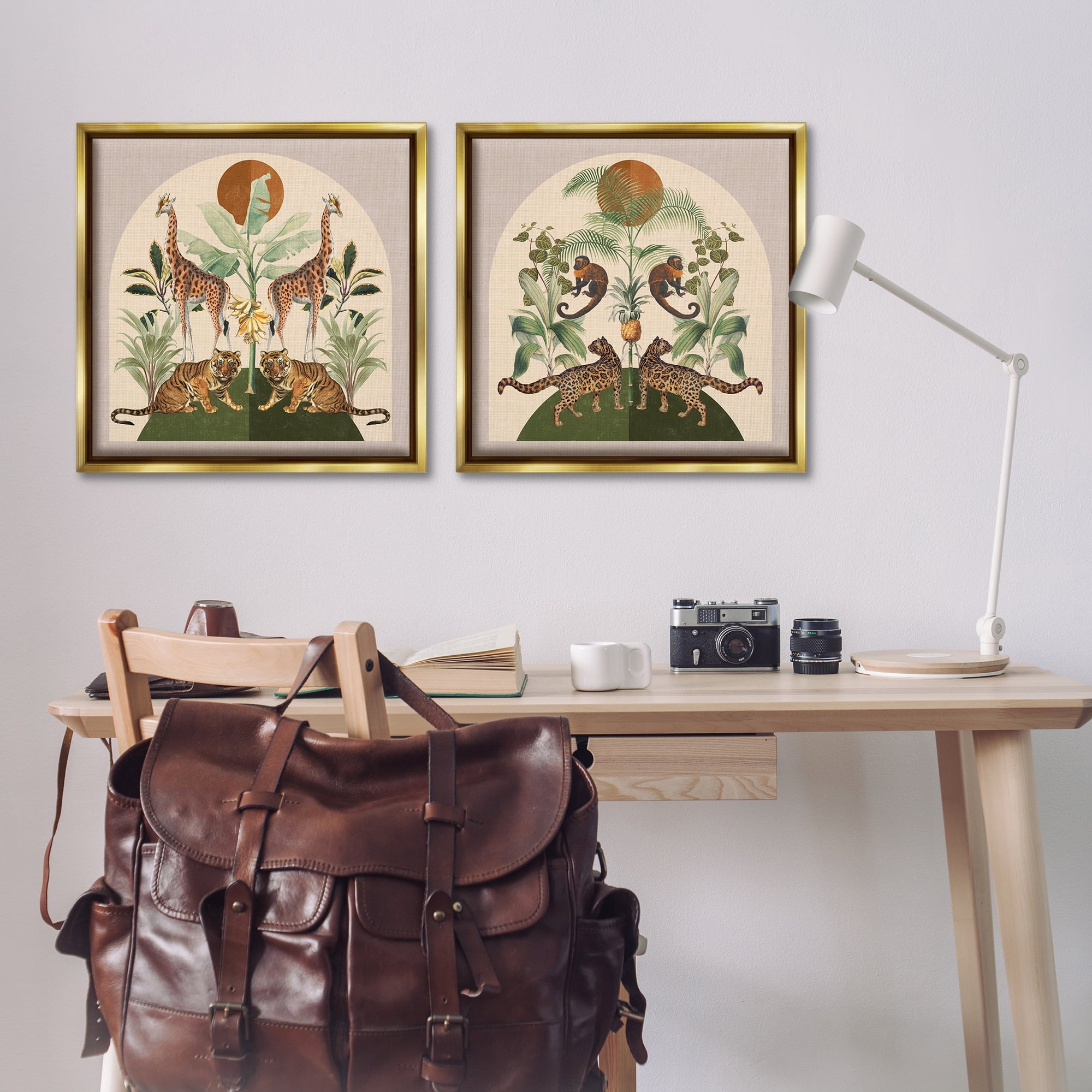 Stupell Industries Jungle Animals Foliage Illustration Animals Painting Gold Floater Framed Canvas Art Print Wall Art, 25 x 25, Set of 2