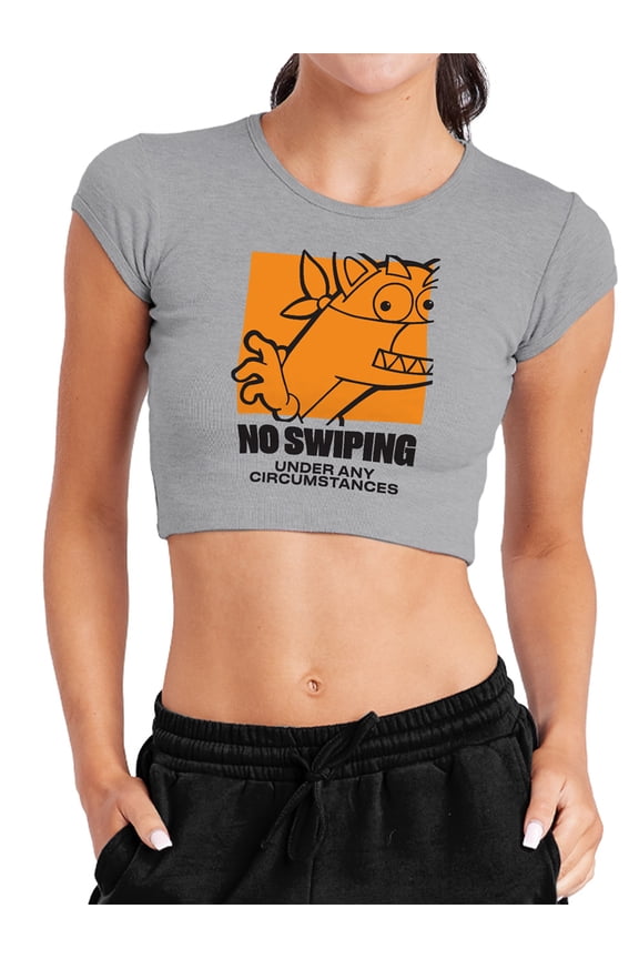 Popfunk Dora The Explorer No Swiping Under Any Circumstances Women's Cap Sleeve Baby Rib Crop Top, Athletic Heather, Medium
