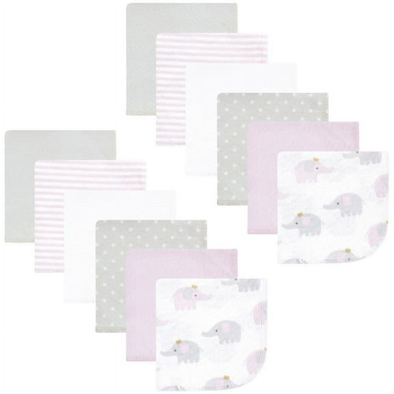 Hudson Baby Infant Girl Flannel Cotton Washcloths, Lilac Elephants 12 Pack, One Size