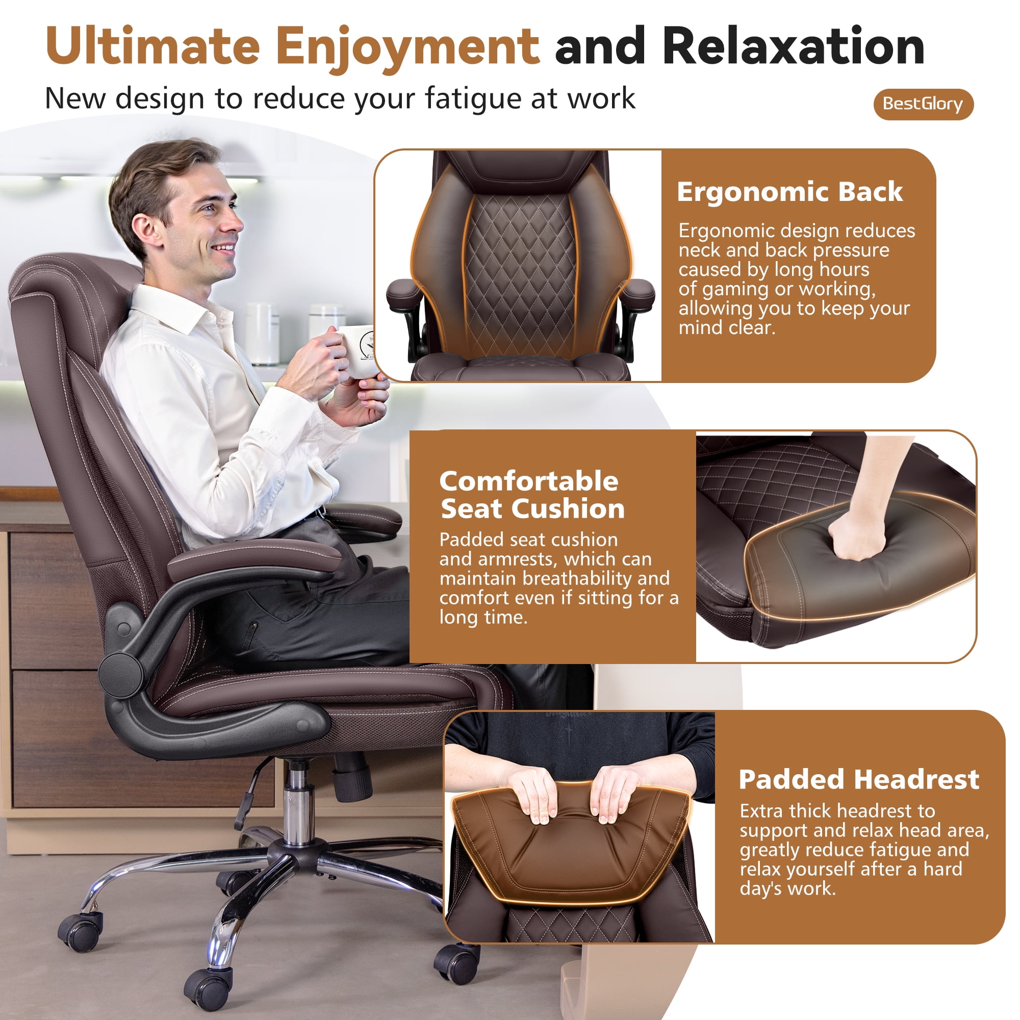 FASTES Ergonomic Office Chair, Desk Chair with High Back Flip-up Armrests Big and Tall Gaming Leather Chair with Rocking Function 2 Reclining Position,Coffee