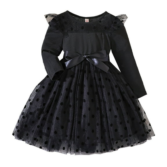Sngxgn Girls Long Sleeve Dress Crewneck Flowy A-Line Dress Casual(Black,90)