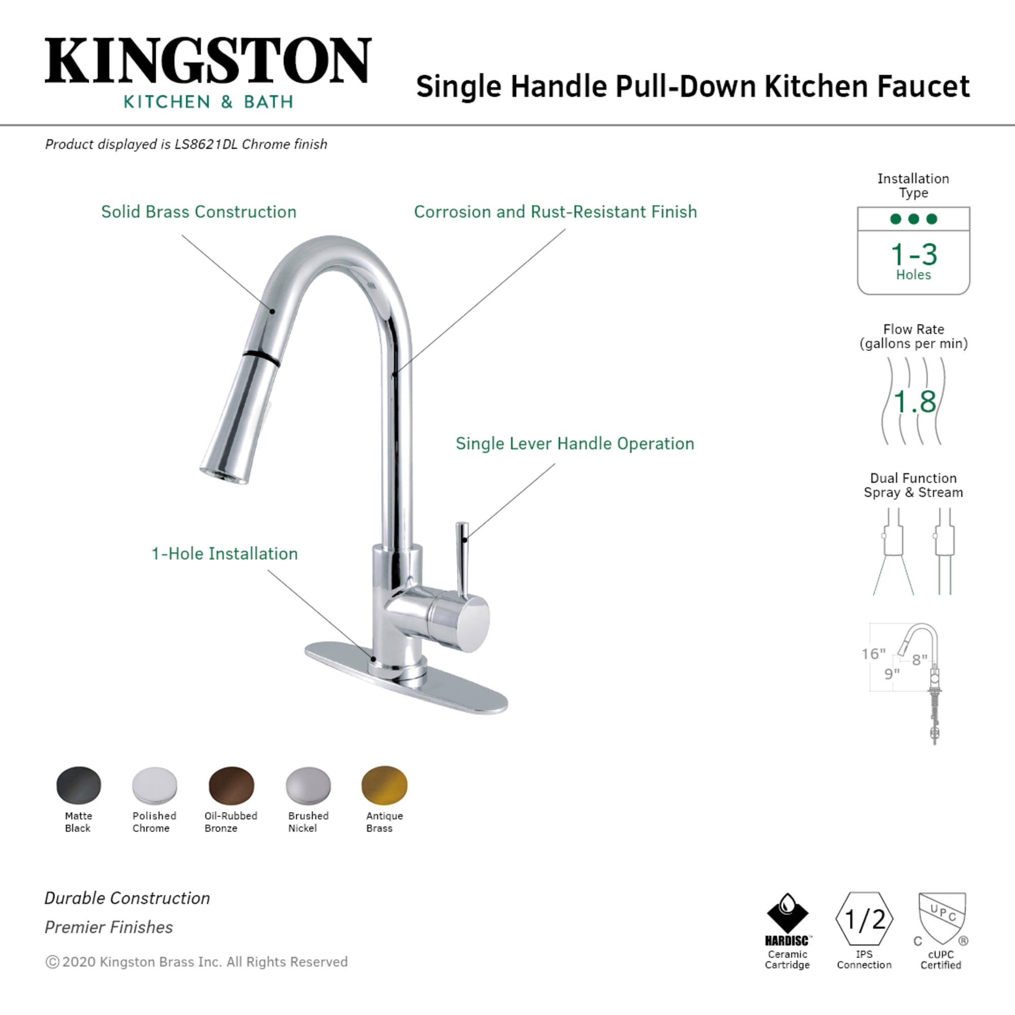 Gourmetier LS8620DL Concord Single-Handle Pull-Down Kitchen Faucet, Matte Black