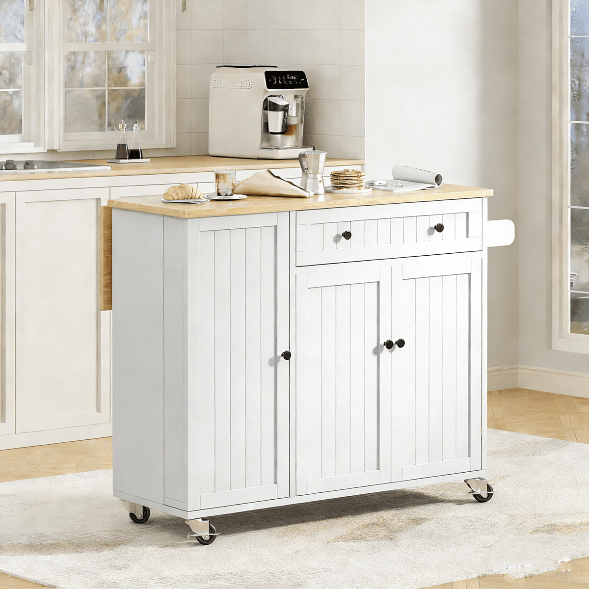 Frmobepts 41.3" Kitchen Island Cart Rolling Storage Cabinet Cart with Drawer & Rack,White