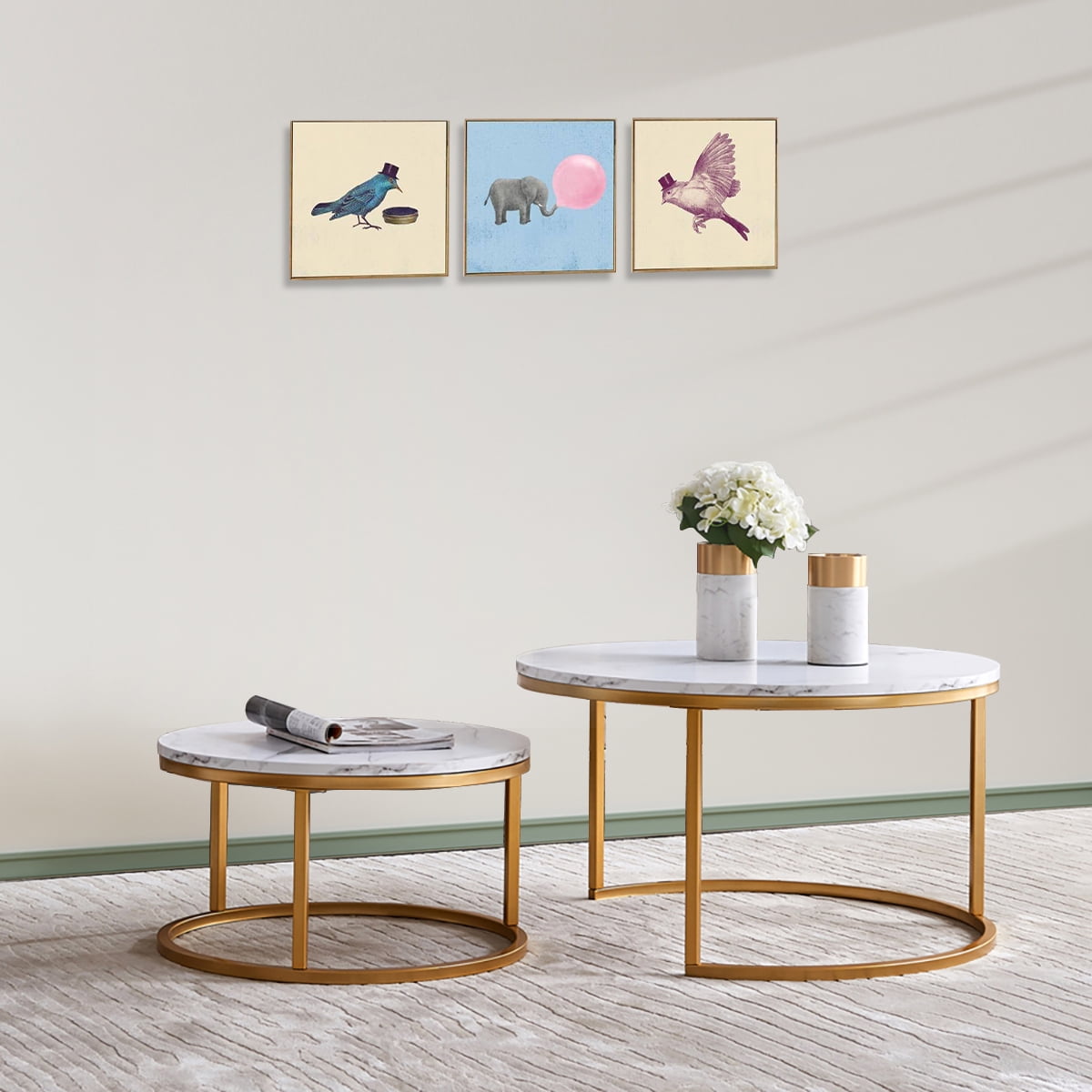 Hommoo Modern Faux Marble Round Nesting Coffee Table, 2 Piece, Gold