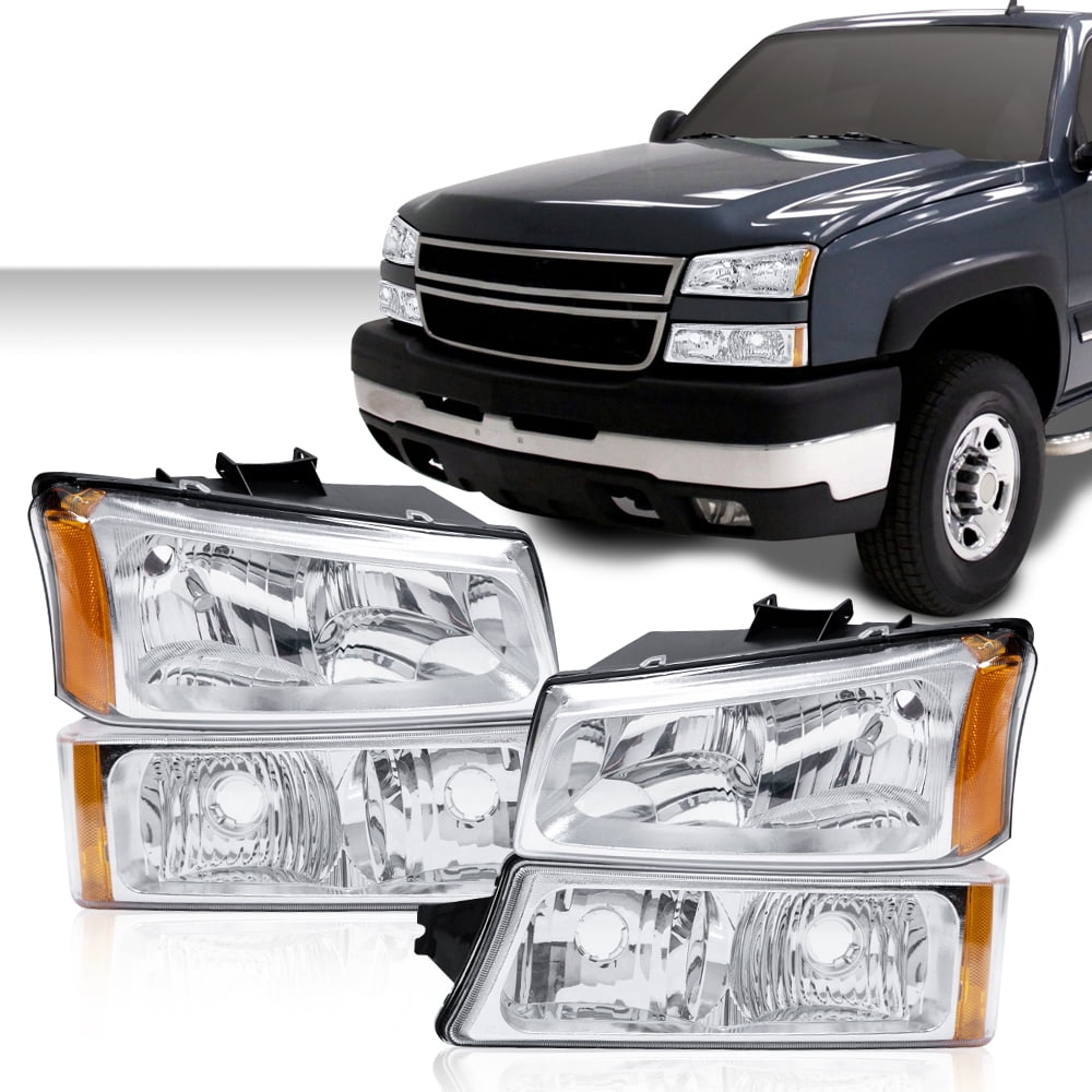 CROSSDESIGN Headlights +Signal Bumper Lamp Fit for 2003-2006 Chevy  Silverado Clear lens White Housing Clear Reflector