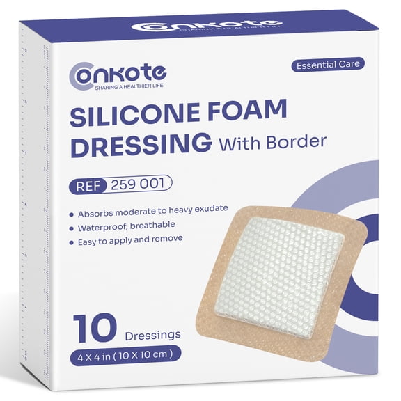 Conkote Silicone Foam Dressings with Border 10 Pack, 4"x4" Adhesive Waterproof Wound Dressing Bandage for Wound Care