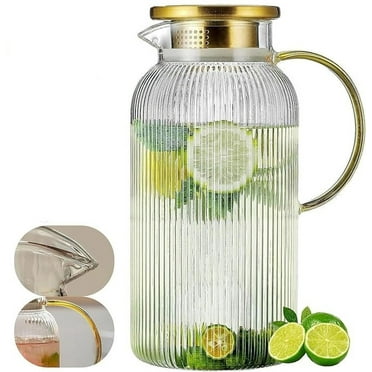 Glass Pitcher, Classic Vertical Stripes Glass Ribbed Pitcher with Lid, Glass Water Carafe for Cold Brew, Coffee, Lemonade, Iced Tea,Beverage, Heat Resistant Water Glass Jug