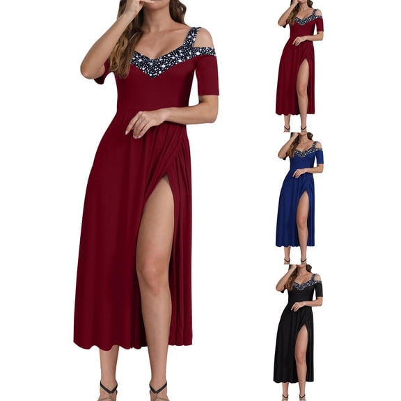 ZQUUVOU Women's Off Shoulder Evening Dress Slit Sleeveless Spaghetti Strap Formal Gown for Cocktail Party Wedding Burgundy