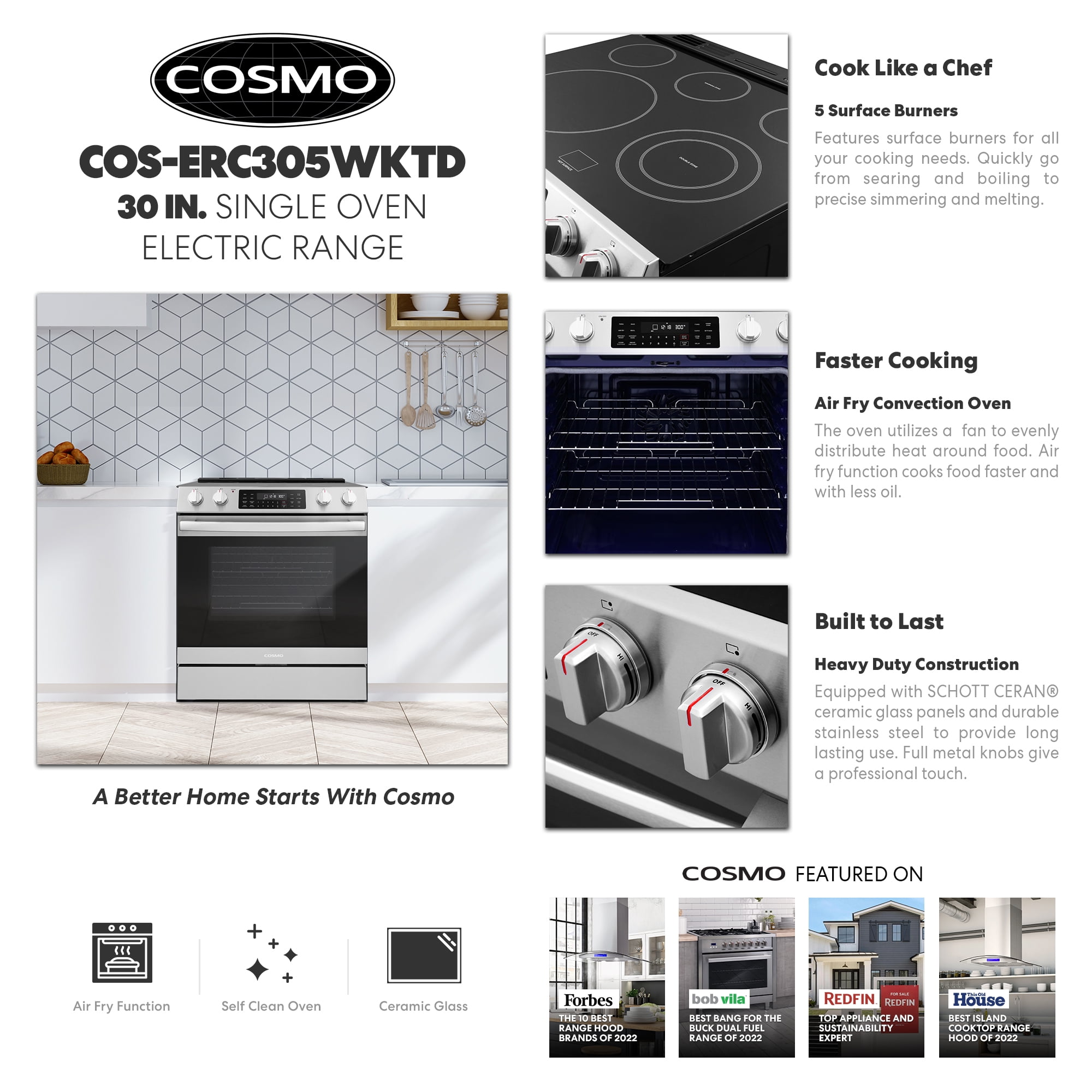 Cosmo 30 in. Haven Collection 6.3 cu. ft. Electric Range, 5 Burner Ceramic Glass Cooktop, Self Clean, Air Fry, Stainless Steel