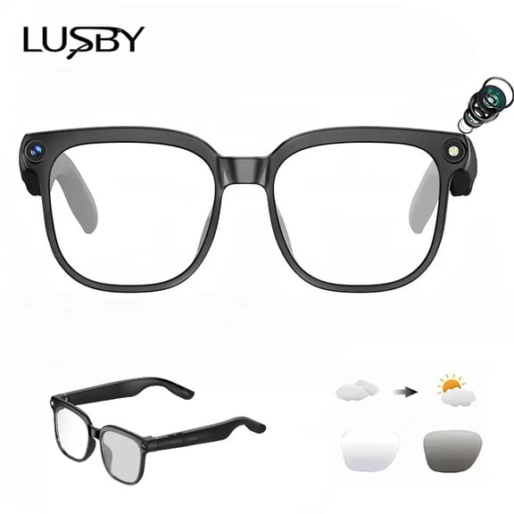 LUSBY Smart AI Camera Glasses with 8MP Photochromic Lenses ,Button Touch Adjustment for Travel Outdoor Adventures Hands-Free Photography 160 Languages Real-Time Translation Bluetooth Wireless Wearabl