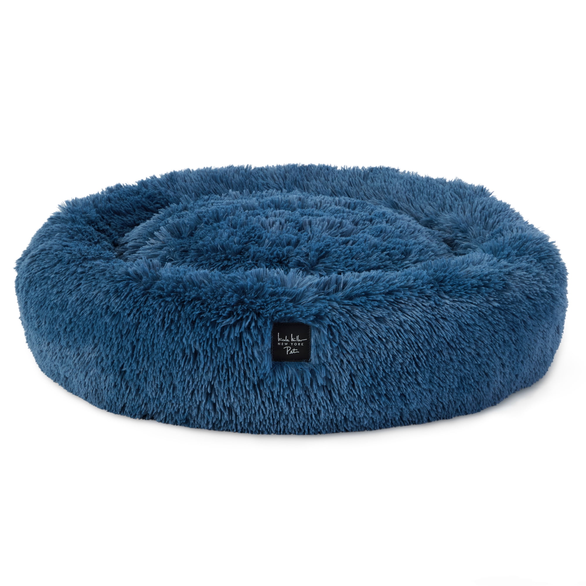NICOLE MILLER NEW YORK PET Ellie Fuzzy Solid Donut Pet Bed, Plush, Cozy & Calming, Water Repellent, Non-Slip Bottom, 100% Machine Washable, Blue, Medium 28"x28"x7" Round