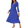 thumbnail image 4 of INSPIRE CHIC Women's Pleated Dress Puff Long Sleeve V Neck Belt Waist Dress S Royal Blue, 4 of 7