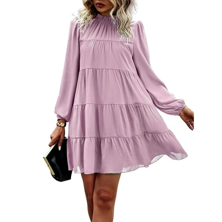 Sociala Lady s Mock Neck Long Sleeve Tiered Ruffle Smocked Flowy A Line Babydoll Mini Dress