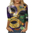 thumbnail image 2 of TrendVibe365 Mardi Gras Womens Plus Size Tops 3/4 Sleeve Round Neck Polyester Casual Mask Printed Mardi Gras Celebrations Blouse Tops for Mardi Gras Event Purple XL, 2 of 5