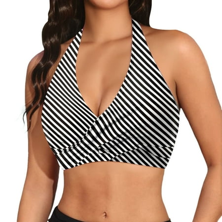 HABDGIKS Bikini Top for Women Push Up Bandeau Print Bathing Suit V Neck Full Coverage Swimwear