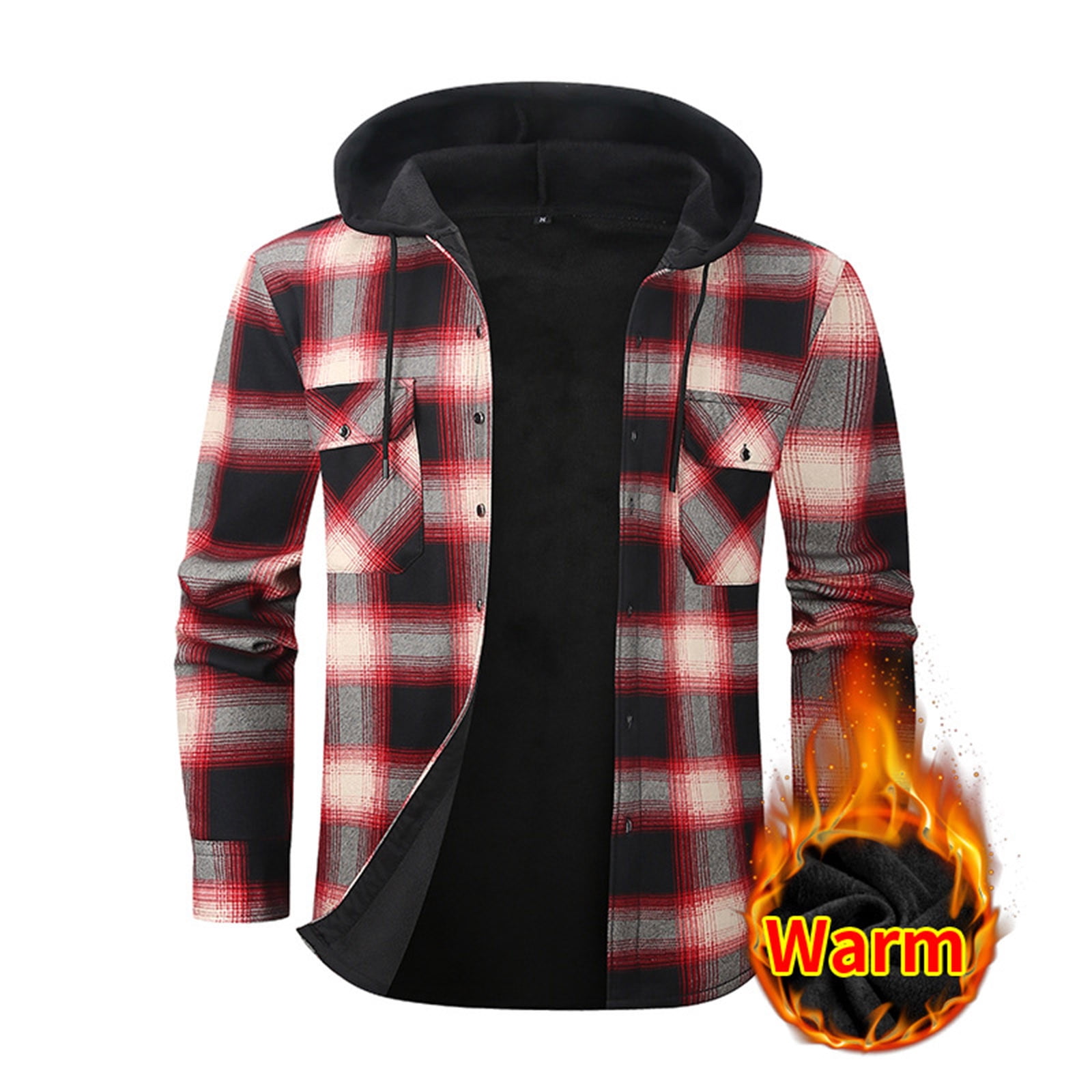DDAPJ pyju Men's Flannel Shirt Jacket with Hood Fleece Lined Plaid Jacket Big and Tall Zip Up Winter Warm Coat Red XL