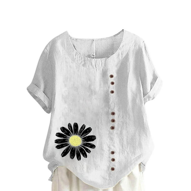 Vestidos Casuales Para Mujer, Blusas De Mujer De Moda Blusa informal de lino con botones y manga corta estampada para mujer