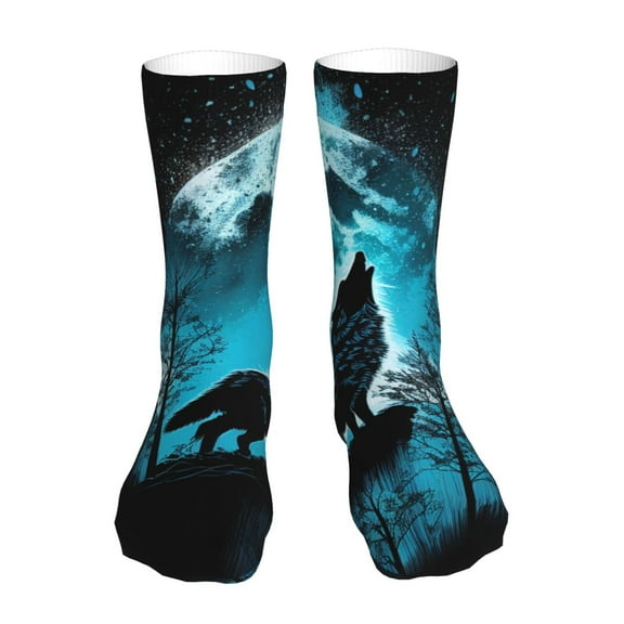 KLL Blue Full Moon Wolf Print Womens Crew Socks Athletic Middle Tube Long Socks Novelty Socks Gifts For Men