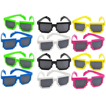 Colorful Pixel Glasses - 12 Pack Unisex Gamer Reflective Lens in Assorted Colors - Gift Ideas, Costume Props, Party Favors, Class Rewards, Getaway Accessories for Kids and Adults