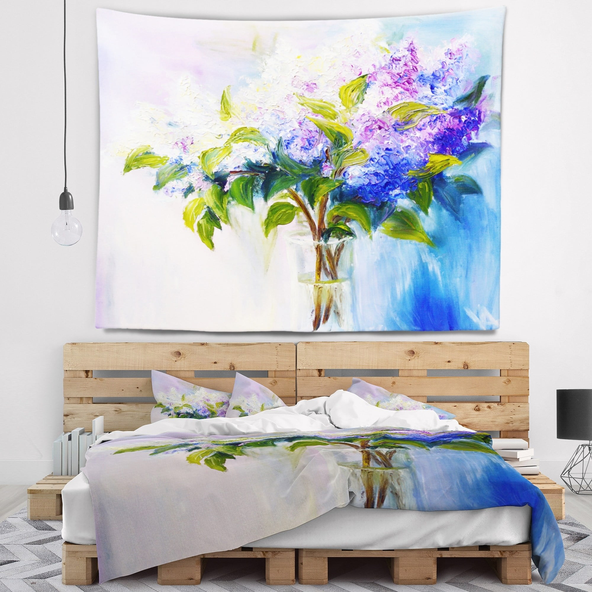 in Designart TAP10011-60-50  Blue and White Lilacs in Vase Floral Blanket Décor Art for Home and Office Wall Tapestry Created On Lightweight Polyester Fabric x 50 in Large: 60 in 