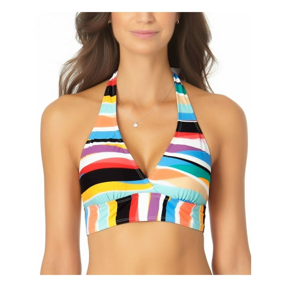 ANNE COLE Women's Black Striped Stretch Banded Removable Cups Lined Deep V Neck Tie Halter Swimsuit Top S