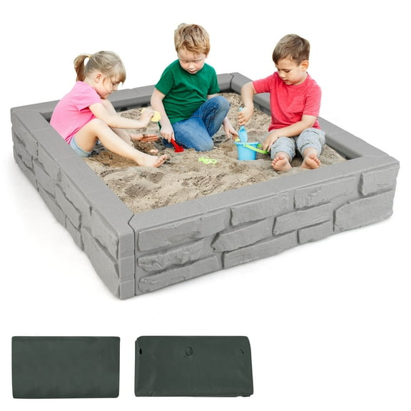 Infans Kids Sandbox w/ Cover Bottom Liner Backyard Beach HDPE Sandpit for Outdoor Play