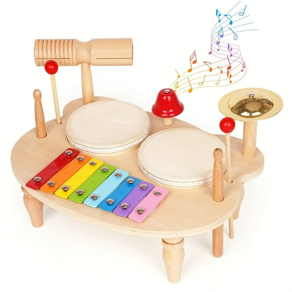 QJUHUNG Montessori Wooden Drum Set & Xylophone Toy Kit for Kids - All-in-One Musical Percussion Educational Toys for Sensory Development