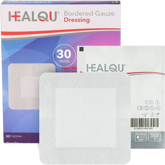 HEALQU Island Dressing - 6"x6", 30 Pack - Sterile Bordered Gauze Pads, Individually Wrapped, Water-Resistant Non-Woven Backing, Soft & Breathable Wound Dressing for First Aid and Medical Use