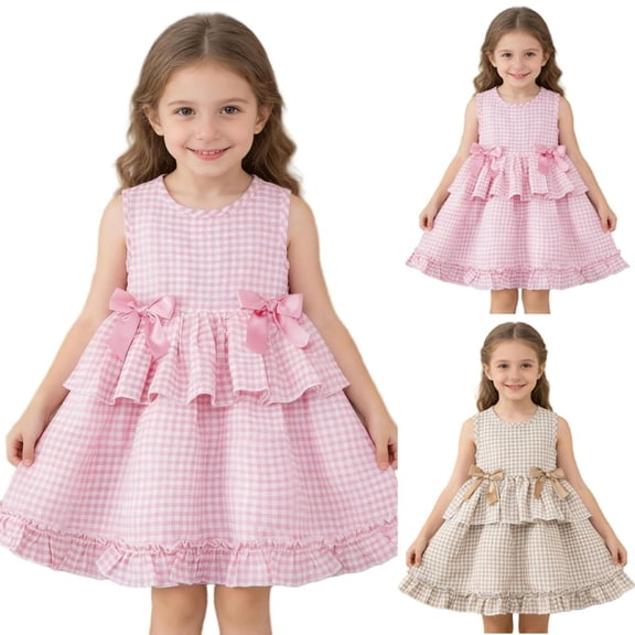 Cowsor Little Girls Sleeveless Round Neck Plaid Tank Dress Sweet Bow Accent Ruffle Hem Comfortable Summer Casual Dress for 2 to 7 Years Old Toddlers Outdoor Use