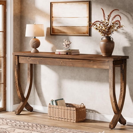 Tribesigns 63-Inch Solid Wood Console Table Farmhouse Entryway Table Long Sofa Table for Living Room Hallway Entrance Foyer Brown
