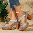 thumbnail image 4 of Chunky Heel Sandals for Women Leather Footbed Platform High Block Heels Slip on Dress Slides for Ladies Summer Dressy Grey-8.5, 4 of 7