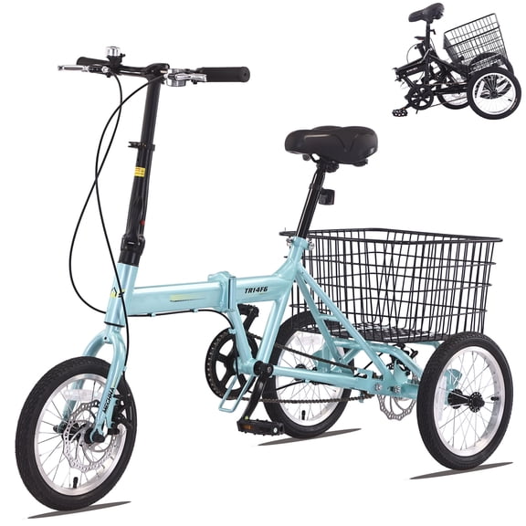 POVANLI 14" Tricycle for Adults,3 Wheel Bikes for Adults with Basket, 95% Pre-Assembled Collapsible Steel Frame 200 LBS Capacity