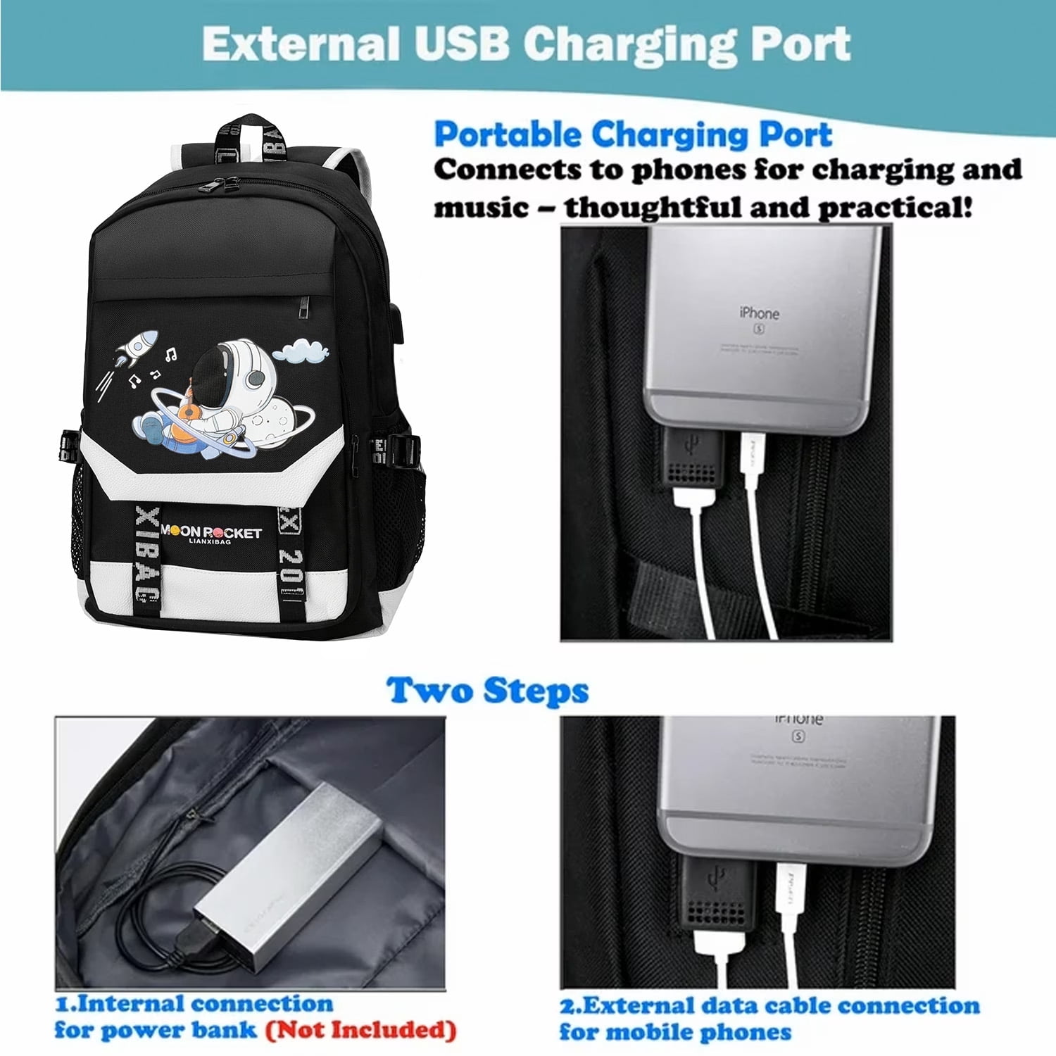 Lvelia Boys School Backpacks for Kids, Fashion Large Capacity School Bag,Waterproof Bookbags with USB Charge Port,Spaceman Printed Black