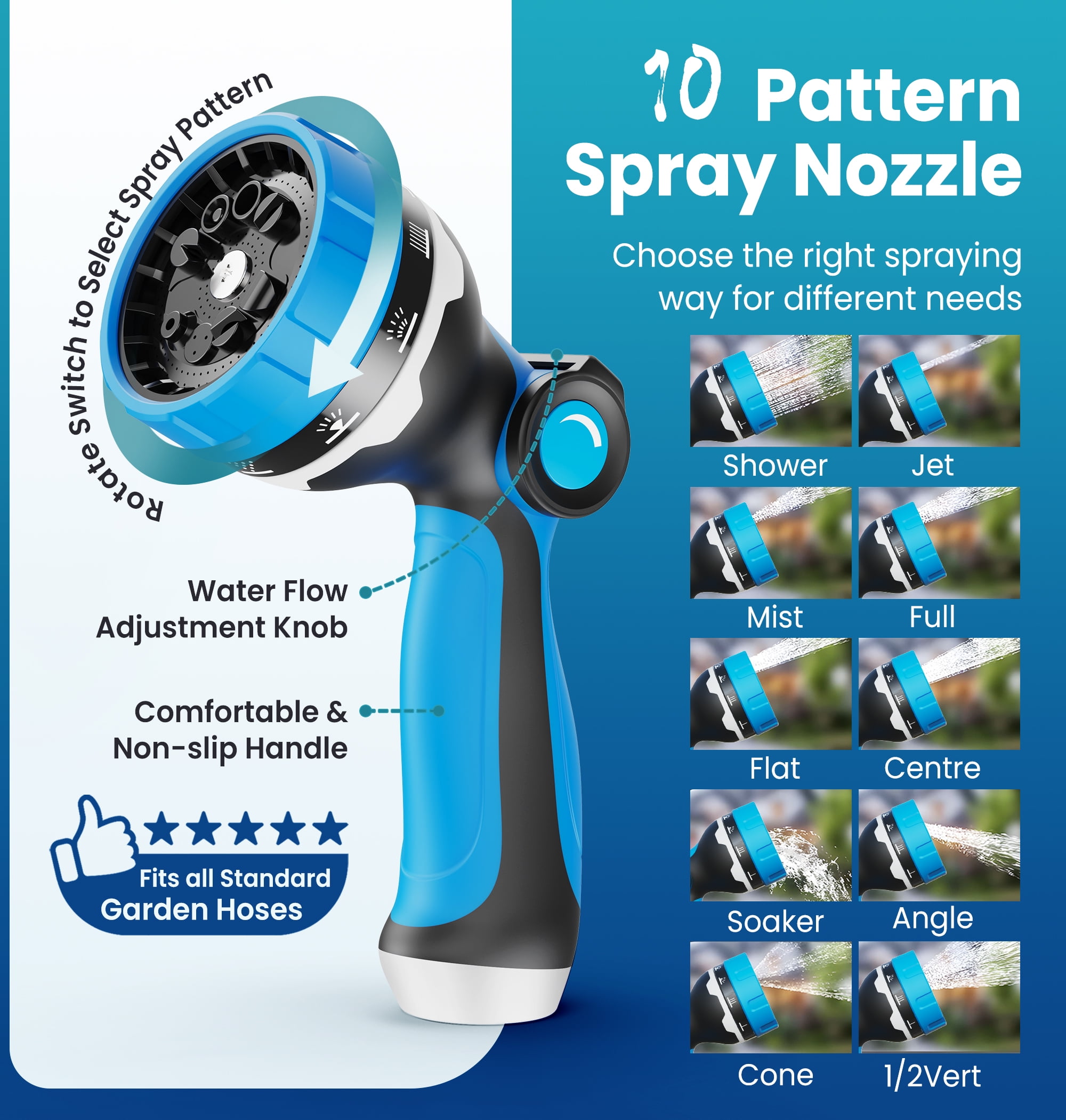 OHHANI Garden Hose, 50 ft x 5/8" Water Hose for Outdoor with 10 Function Sprayer Nozzle, Kink Free