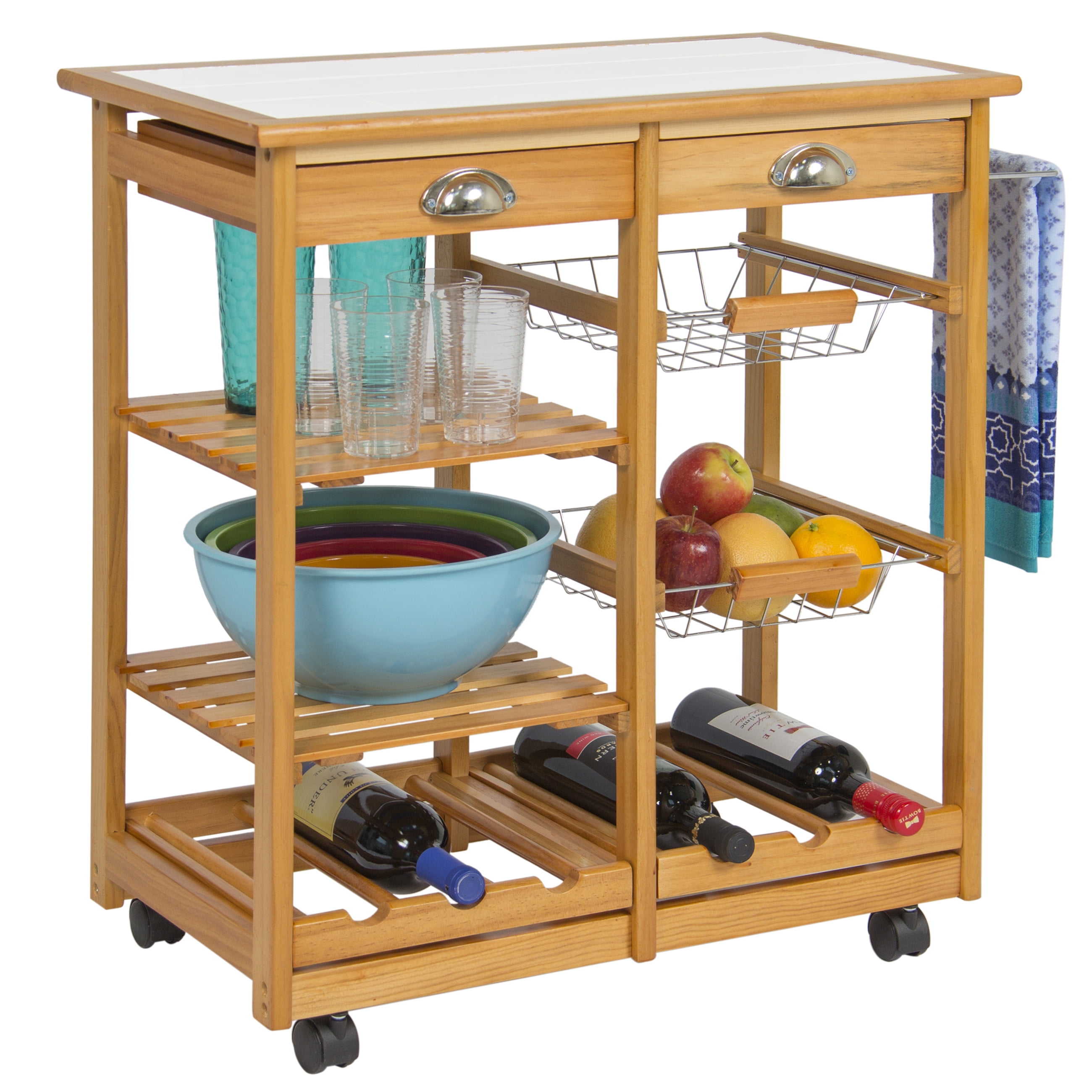 Wheeled Wooden Kitchen Island with a Shelf for Plates and Wine Bottle Rack Relaxdays JAMES Bamboo Serving Trolley Cart with 2 Drawers and 3 Baskets Natural 80 x 67 x 37 cm XXL