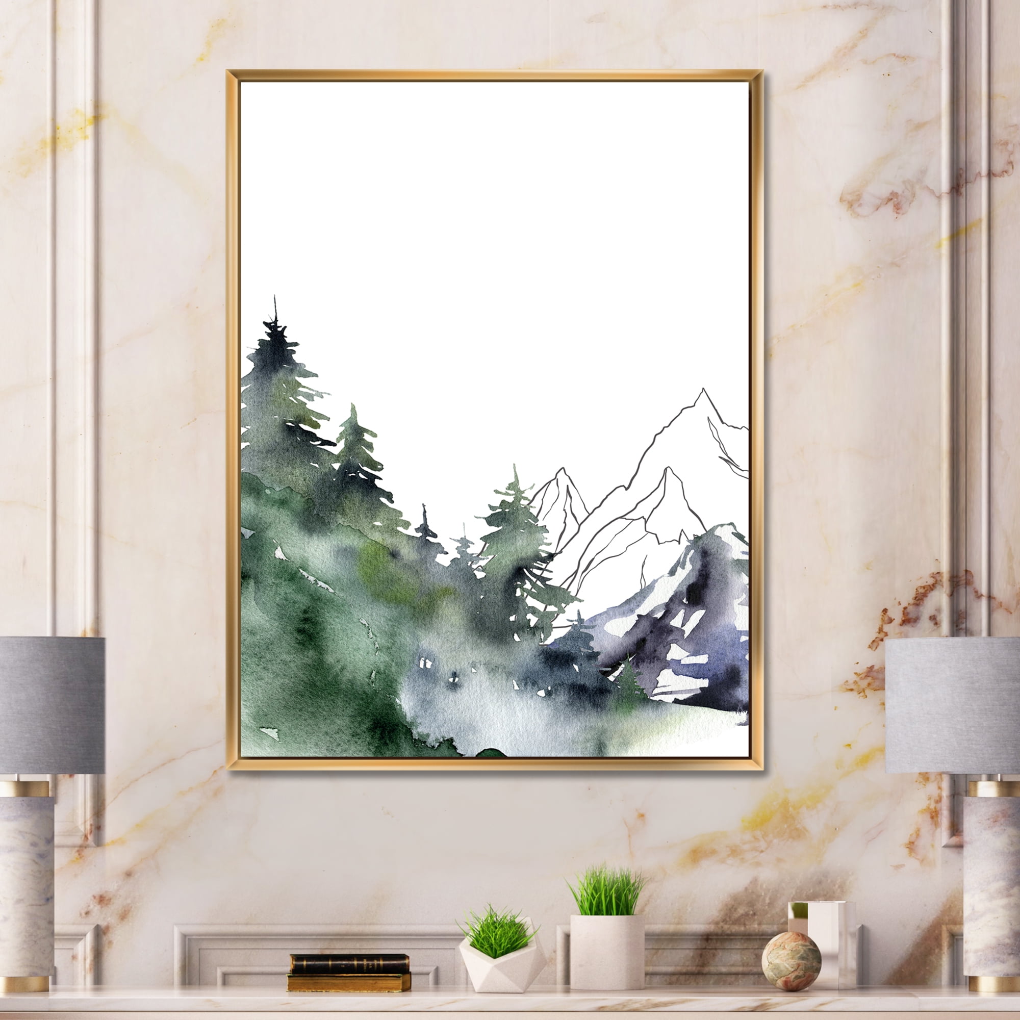 Designart 'Trees With Winter Dark Blue Mountain Landscape III' Modern Framed Canvas Wall Art Print
