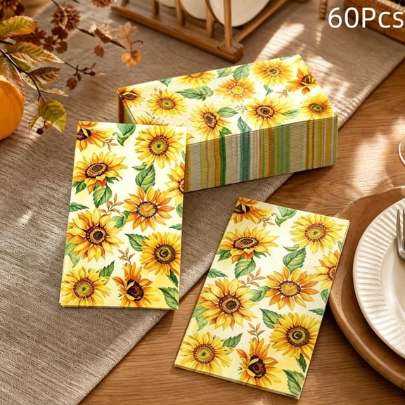 Yhmxh 60PCS Sunflower Guest Napkins, Floral Decorative Paper Cocktail Napkins, 3 Ply Disposable Hand Towels for Fall Dinner Party Table Decor, Farmhouse Bathrooms, Birthday, Weddings